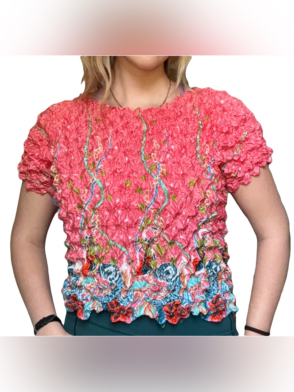 Y2K Popcorn Crinkle Smocked Top Pink Coral Stretch One Size